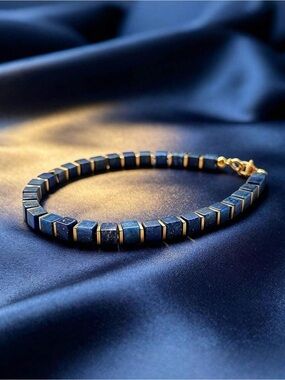 Navy Blue Cube Bead Bracelet with Gold Accents